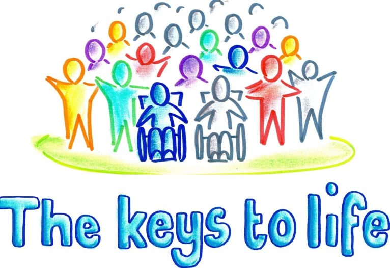 Colourful illustrated people stand on a hill with their hands in the air. Text underneath reads: The keys to life