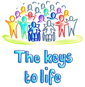 Colourful illustrated people stand on a hill with their hands in the air. Text underneath reads: The keys to life