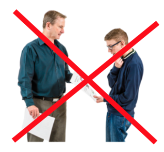 Two people sharing information with a red cross on top of the image
