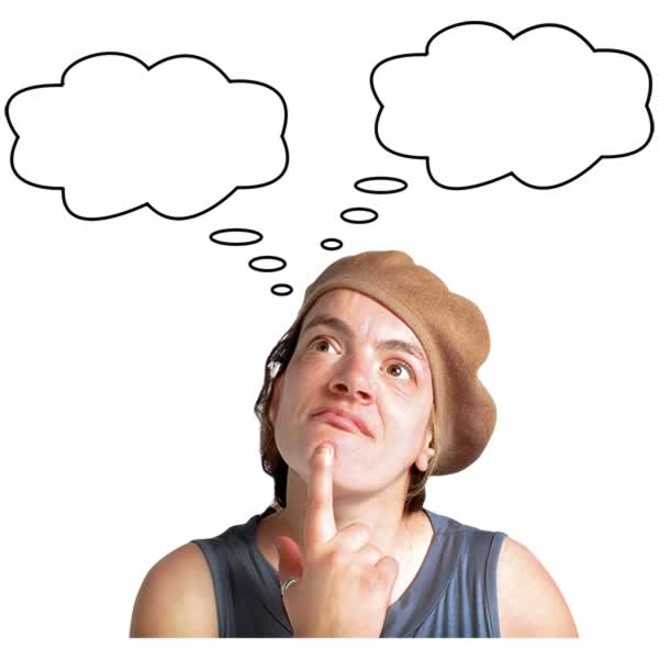 Young woman in brown beret with cartoon thought bubbles