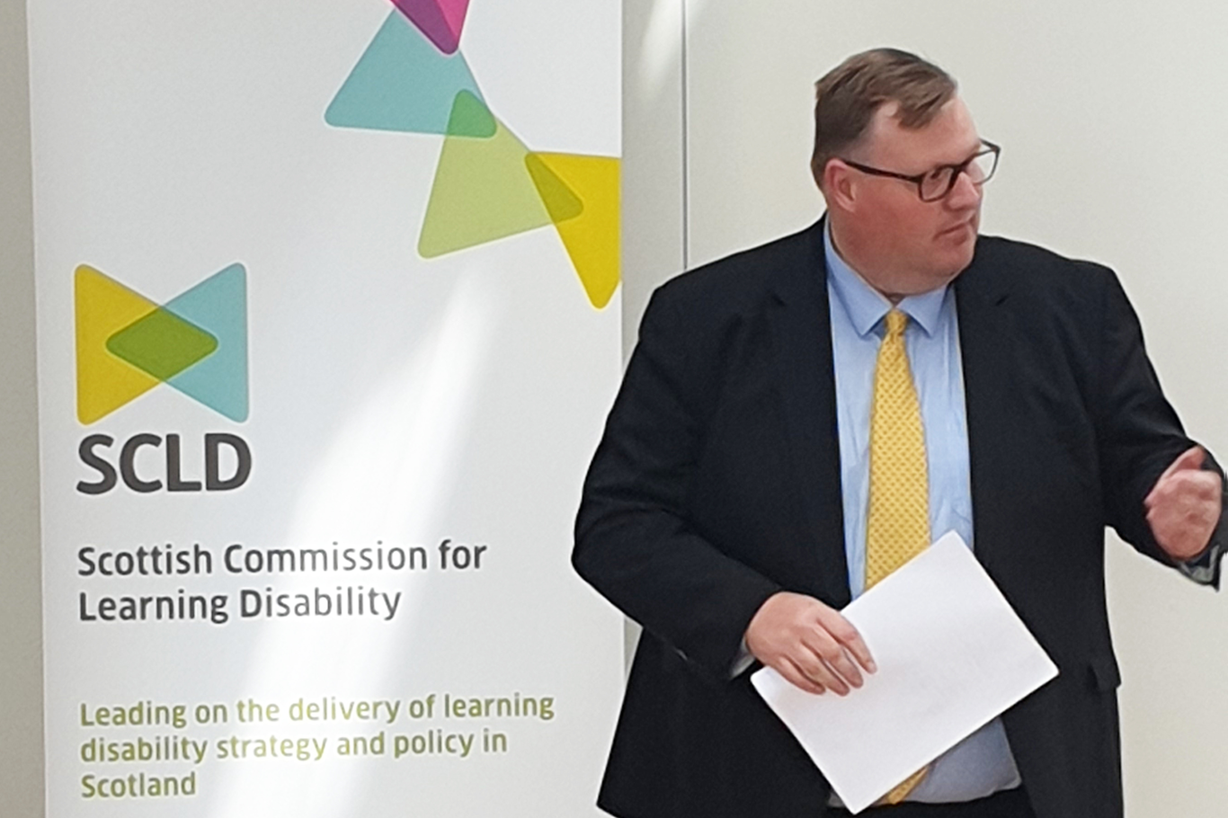 Councillor Stuart Currie makes a speech at the launch of SCLD's local strategy guidance