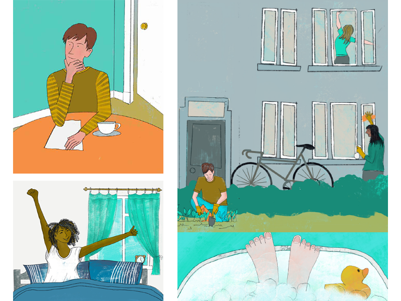 Illustrated images showing people partaking in different home-based activities, such as gardening, dancing, thinking and waking up.