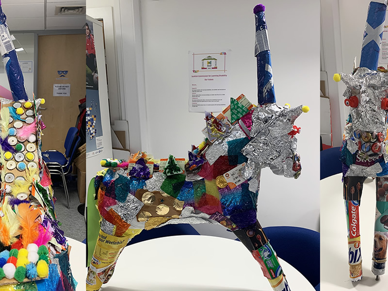 A series of pictures showing Uno the Unicorn, the Scottish Learning Disability Week mascot, made entirely of recycled materials.