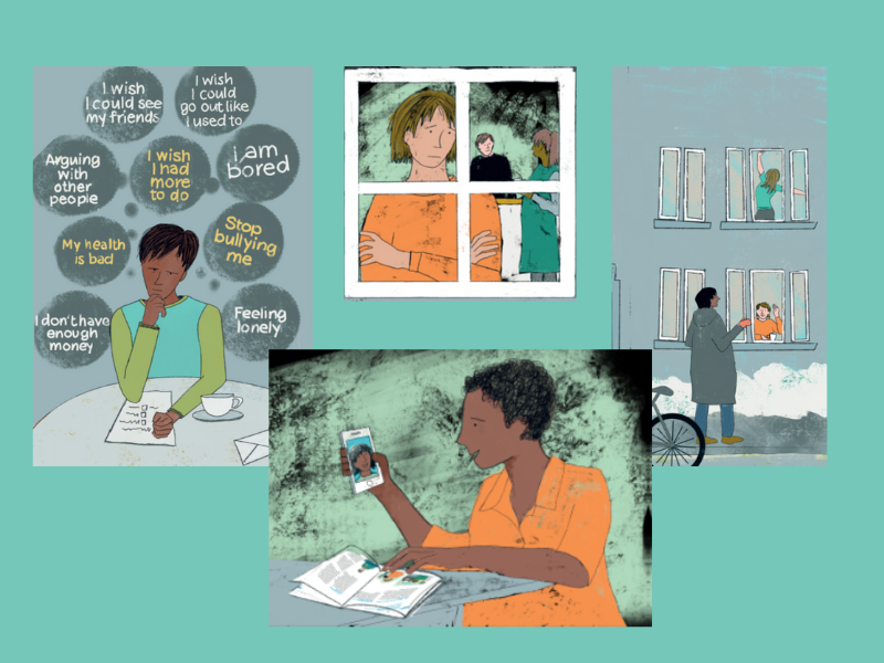 Illustrated images showing people partaking in different home-based activities, such as gardening, dancing, thinking and waking up.