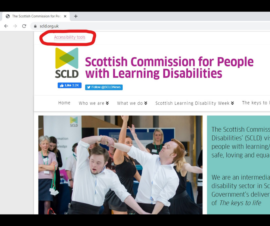 Image of SCLD homepage. In top left-hand corner link to 'Accessibility Tools' is circled