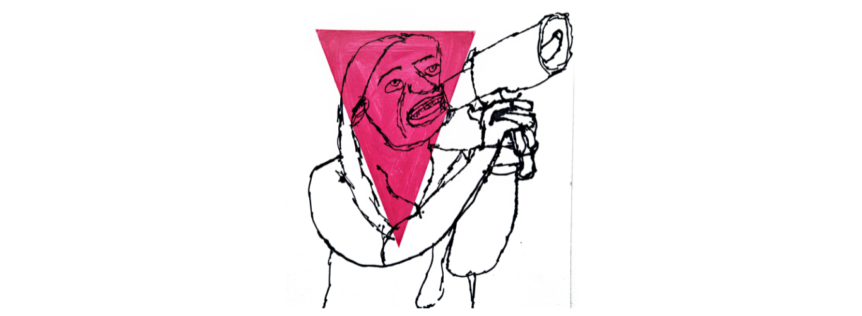 A sketch of a woman speaking into a loudspeaker.