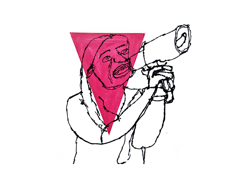 Illustration of person talking into megaphone with ribbon text reading 'The right to be heard'